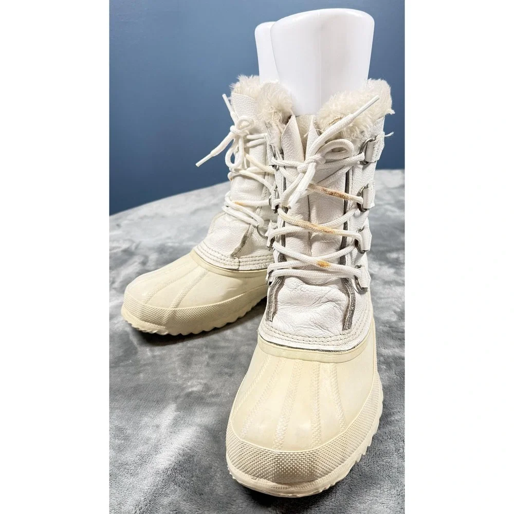 Sorel Manitou Boots Womens Size 8 White Leather Wool Lined Winter Snow Lace Up